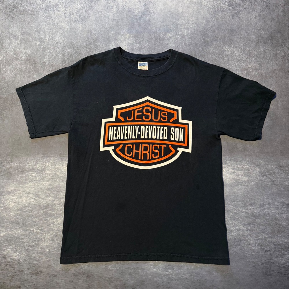Vtg Jesus Christ Heavenly Devoted Son Shirt Mens L Black Harley Style Parody